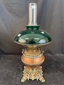 Green Case-Glass Shade Oil Lamp