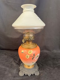 Floral Based Oil Lamp with Milk Glass Shade