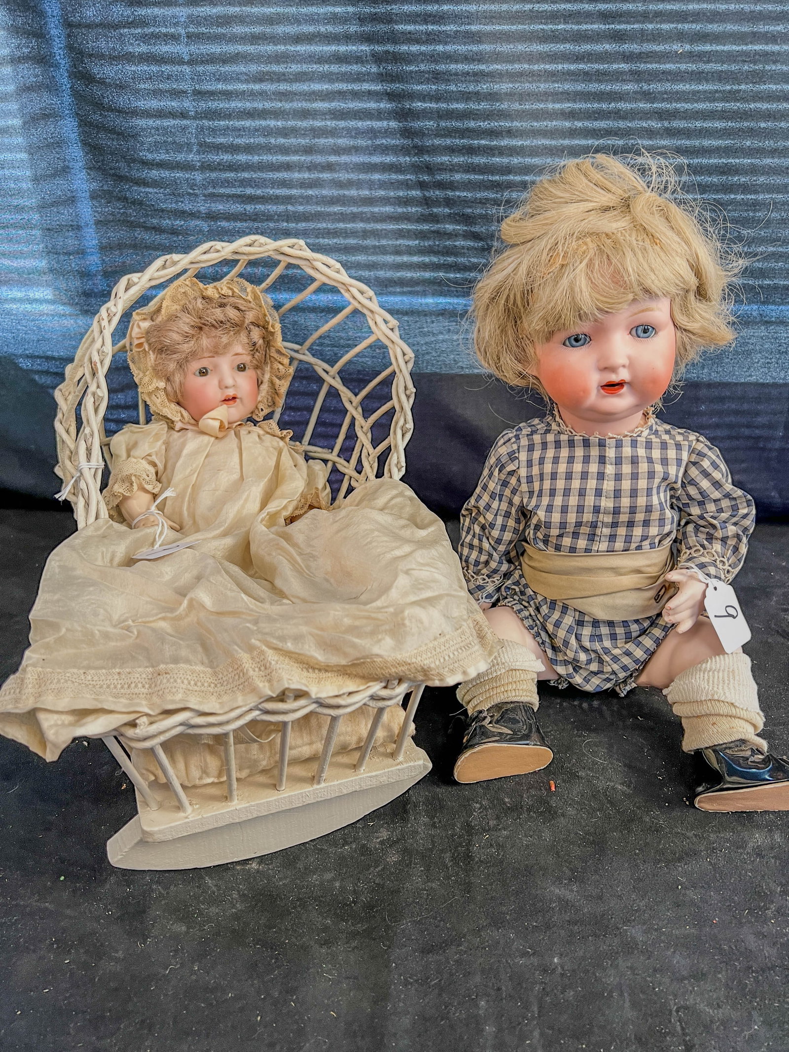2 Bisque Head Japanese Antique Dolls: 2 antique bisque head dolls to include a Morimura Bros marked "MB" Japanese bisque head on a new composition body with articulated limbs, sleep eyes, antique doll clothes and measuring 15" tall. Secon