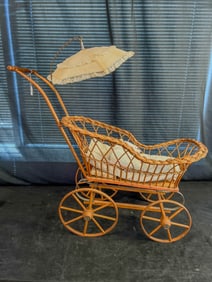Victorian Wicker Baby Buggy Stroller with Parasol