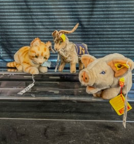 3 Steiff Animals to include Pig, Kitten, and Navy Ram