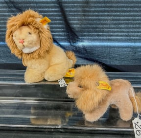 2 Steiff Vintage Lion Mohair Plush Toys, Leo and Snuffi