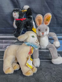 3 Steiff Animals to include Tuxedo Cat, Lamb, and Rabbit