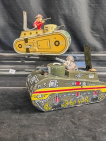 2 Marx Tin Litho Wind Up ToySpark Action Tanks. Dough Boy 1930's, and Army Tank c.1950's