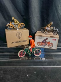 Vintage Motorcycle Tin Litho Key wind toys, German DBS Rolli 230C.1950's, 2 PAYA ReprintCyclists