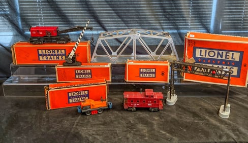 Lionel Electric 1950's O Gauge Train Cars and Accessories in Boxes, Marx metal Tressle