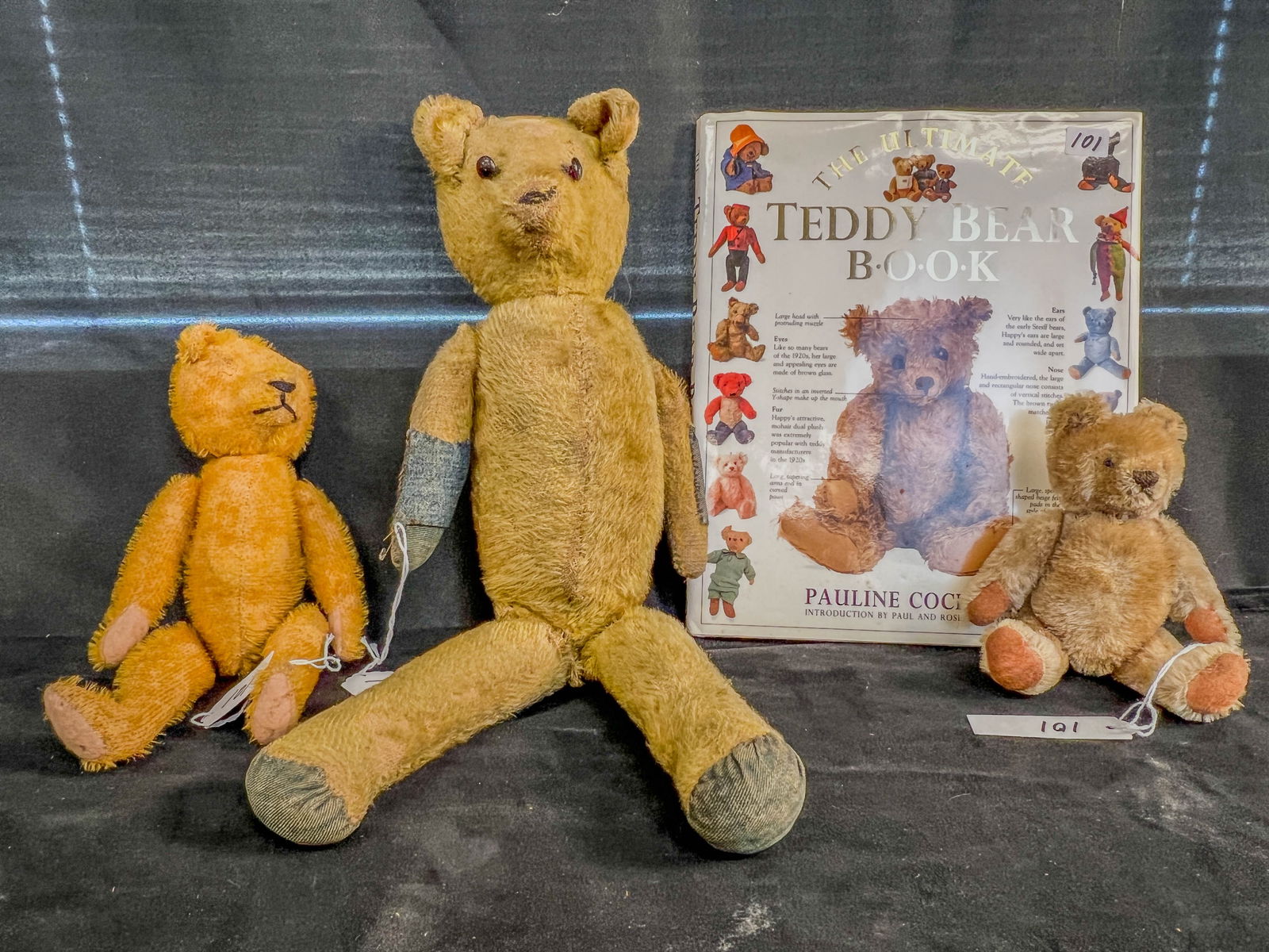 3 Articulated Articulated Teddy Bears, Steiff More!: 3 Articulated Articulated Teddy Bears to include an 18" tall ealry 1900's well loved mohair teddy bear with glass eyes, early denim pathces ans hand and foot covers (loss to mohair at center seam, rep
