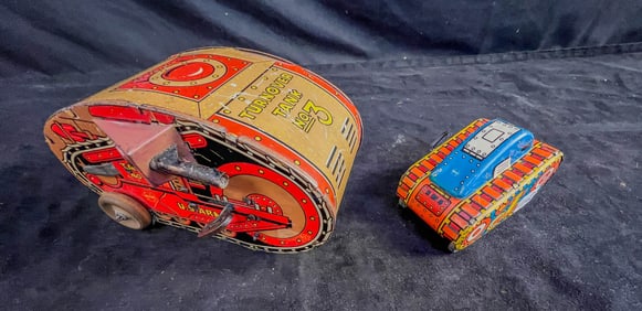 2 Marx Tin Litho Tanks to include a 1930's US Army "Turnover Tank" (4.5" tall X 8" long X 4.5"