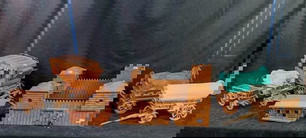 Wild West Wooden Stockade Set, Wagons, Stagecoach, Log Cabin c.1950's