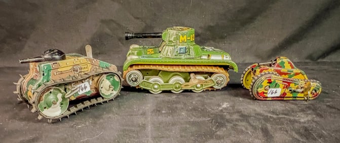 3  Tin Litho Clockwork Tanks, Marx Climbing Midget, Masudaya, K. T.,