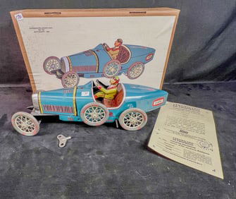 Paya Tin Litho Reproduction Wind Toy 1930 Bugatti c. 1986 With Box and certificate