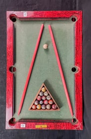 Gotham Pressed Steel "Little Giant" Pool Table, balls and cues c.1930's