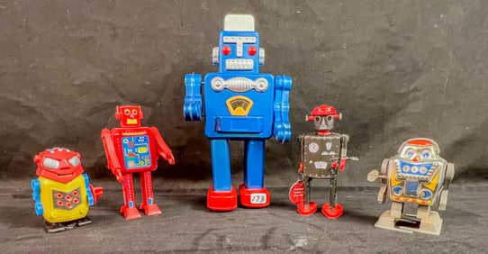 Tin Litho Group of Retro Wind Up Robots, More!