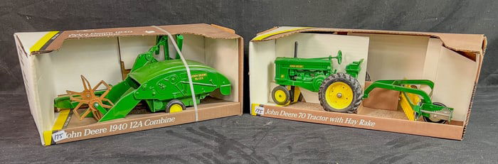 2 Ertl 1/16 Scale Die Cast John Deere Tractors, 70 Tractor w/Hayrake, 1940 12A Combine