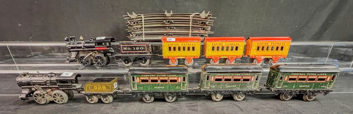 2 PreWar Cast Iron engines , Tin Litho Cars, Track, American LFyer, HAFNER