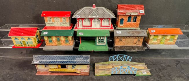 Large Group of Tin Litho Prewar Train Buildings, Amewrican Flyer, j. Chein, More!