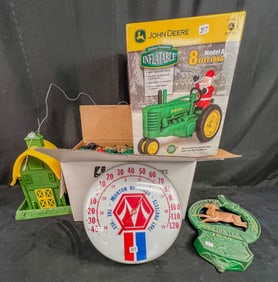 Group of John Deer Collectibles ,letter box, bird feeder, Inflateble Christmas Tractor