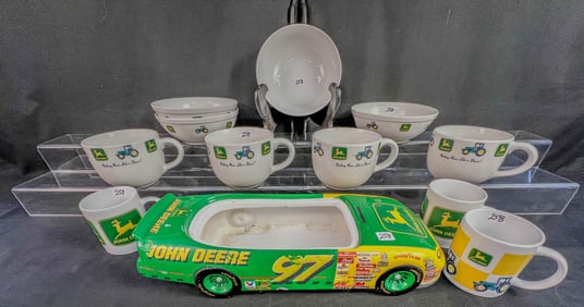 John Deere Themed Gibson Stoneware Dishes, Planter, Die Cast Car