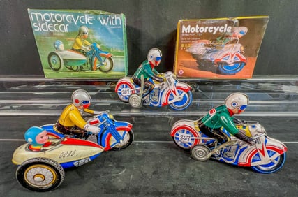 3 Retro Tin Litho Clockwork Motorcycle Toys