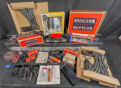 Lionel Group of Vintage Train Cars, Switches, Accessories