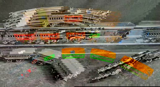 2 Prewar Tin Litho O Gauge Clockwork Trains,Cars, Tracks