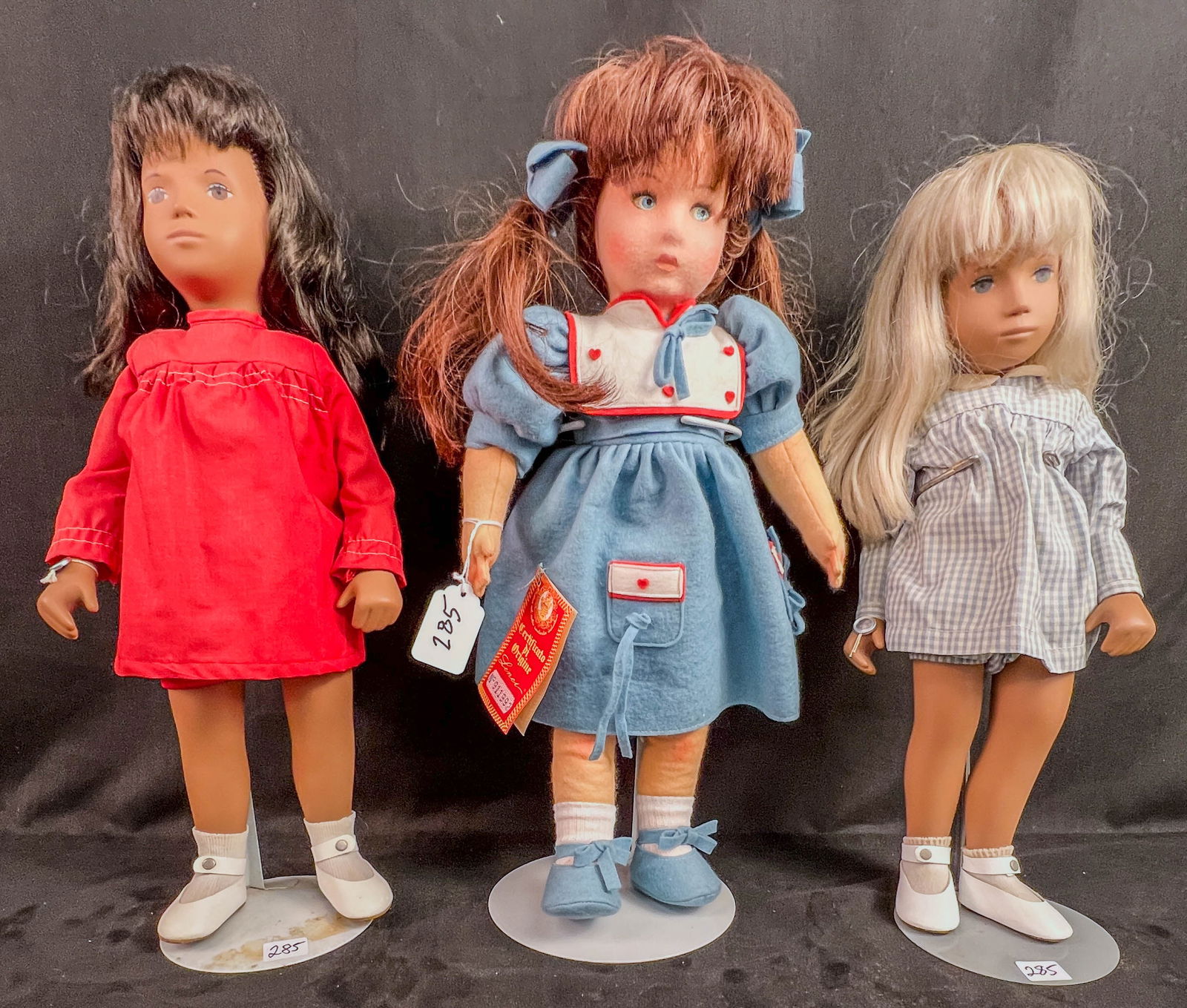 2 Sasha Dolls and a Modern Lenci Doll: A greoup of 3 vintage dolls to incude a 16' tall fair haired Sasha Doll with all original blue checkered clothes and wrist tag, and beige elastic stringing c.early 1970's, a 1970's 16" tall Sasha doll