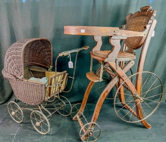Victorian Convertable High Chair/Stroller and Wicker Doll Buggy c1900-1920's