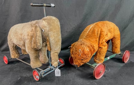 2 Early Steiff Toys on Wheels, Riding Elephant, Bear Pulltoy c1900-1920's