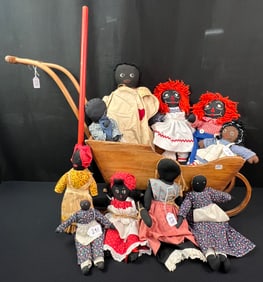 Group of 10 Folk Art Handmade BlackRag Dolls, Antique doll Sleigh