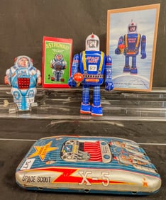 Vintage Group of Tin Litho Space Toys, Robots