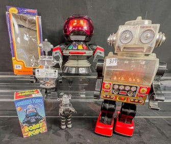 4 Vintage Robots, Micro Chip, Robby the Robot, Radar Robot