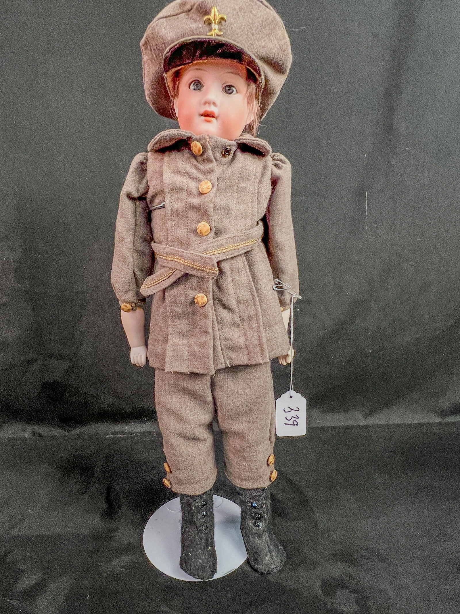 Antique Armand Marseoille #370 for KId Lyne Boy Doll, Floradora: An antique 17" tall German Armand Marseille Floradora for Kid Lyne Bisque Head and shoulders, sleep eyes , open mouth and teeth, and cloth body. boy doll, #370. on his chest are a kidLune Paper label,