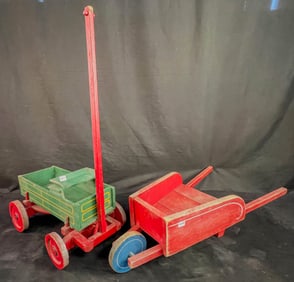 Antique Wood Wagona and Wheelbarrow