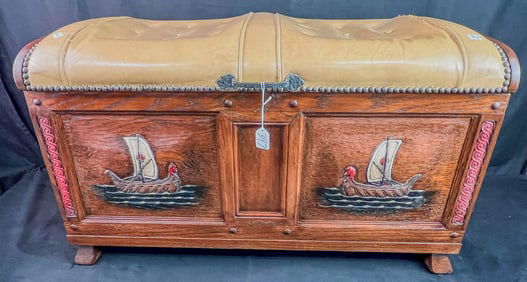 Oak Carved Toybox Bench C.1950's