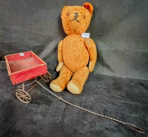 1890's Wood Wagon Toy, !930's Jointed Teddy Bear Teddy