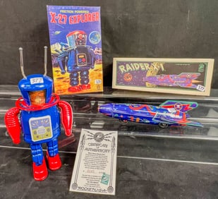 2 Tin Litho Space Toys c.1990's, X-27 Exporer Robot,  Mars Patrol Raider X-1 Rocket SHip