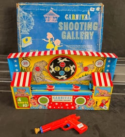 Ohio Arts Tin Litho Keywind Carnival  Shooting Gallery w/gun in Original box.