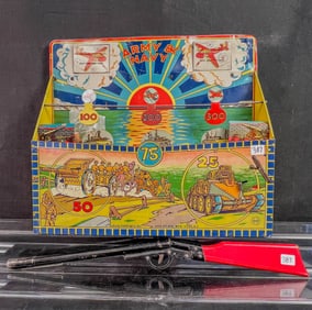 Louis Marx Tin Litho Keywind Army Navy Shooting Gallery C, 1930's Working, With Gun