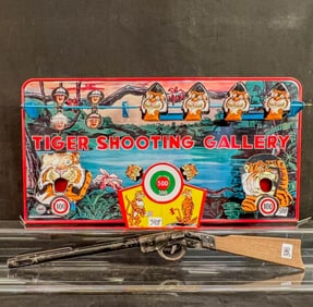 Louis Marx Tin Litho Keywind Tiger Shooting Gallery with Original Box c1950's