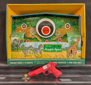 Ohio Arts Jungle Eyes Tin Litho Keywind Carnival Game in original box c1960's
