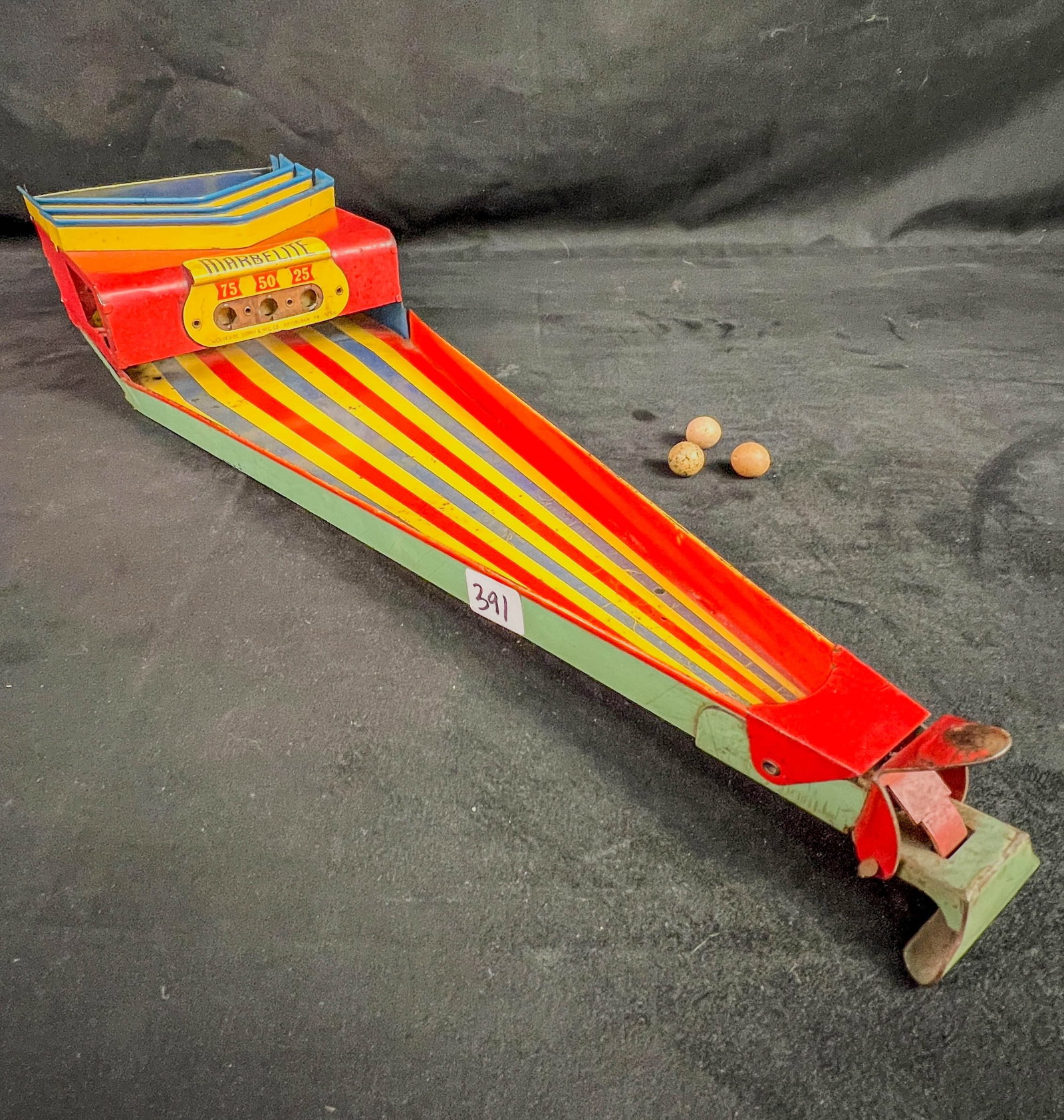 Wolverine Marblite TIn Litho #143 Marble Shooting Game c1930's: Wolverine Marblite TIn Litho #143 Marble Shooting Game c1930's, in as found, played with condition