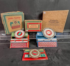 3 Early 1900's Simplex TIn Litho Typewriters in gtheir original Boxes