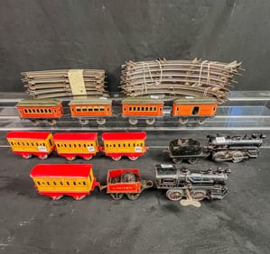 2 Pre-War Clockwork Tin Litho O Gauge Trains, Ives, American FLyer