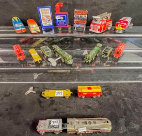 Vintage group of Tin Litho Trains and vehicle, Marx , Ranger, More!