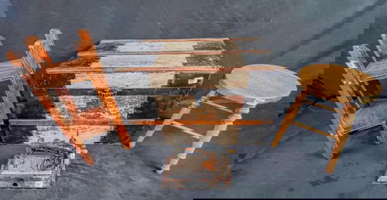 Antique Group of Doll Furniture, Doll Trunk, Stool, Sewing machine