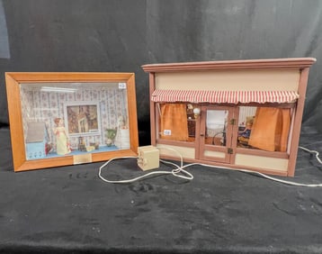 2 Vintage Folk Art  Dioramas, Peter Pan, an Old Time Barber Shop