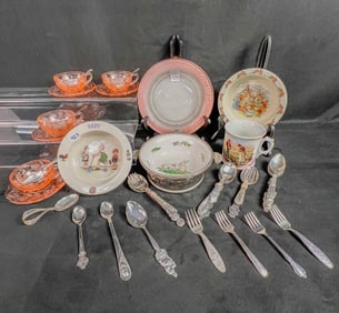 Vintage Group of Doll dishes and Baby Bowls, Baby Forks and spoons, c1900-1940's