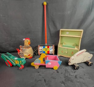 A Group of Vintage Wood Toys, Pulltoys, Fisher Price, Doll cupboard