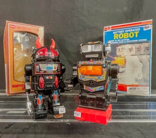 2 Vintage Battery Powered Robot Toys