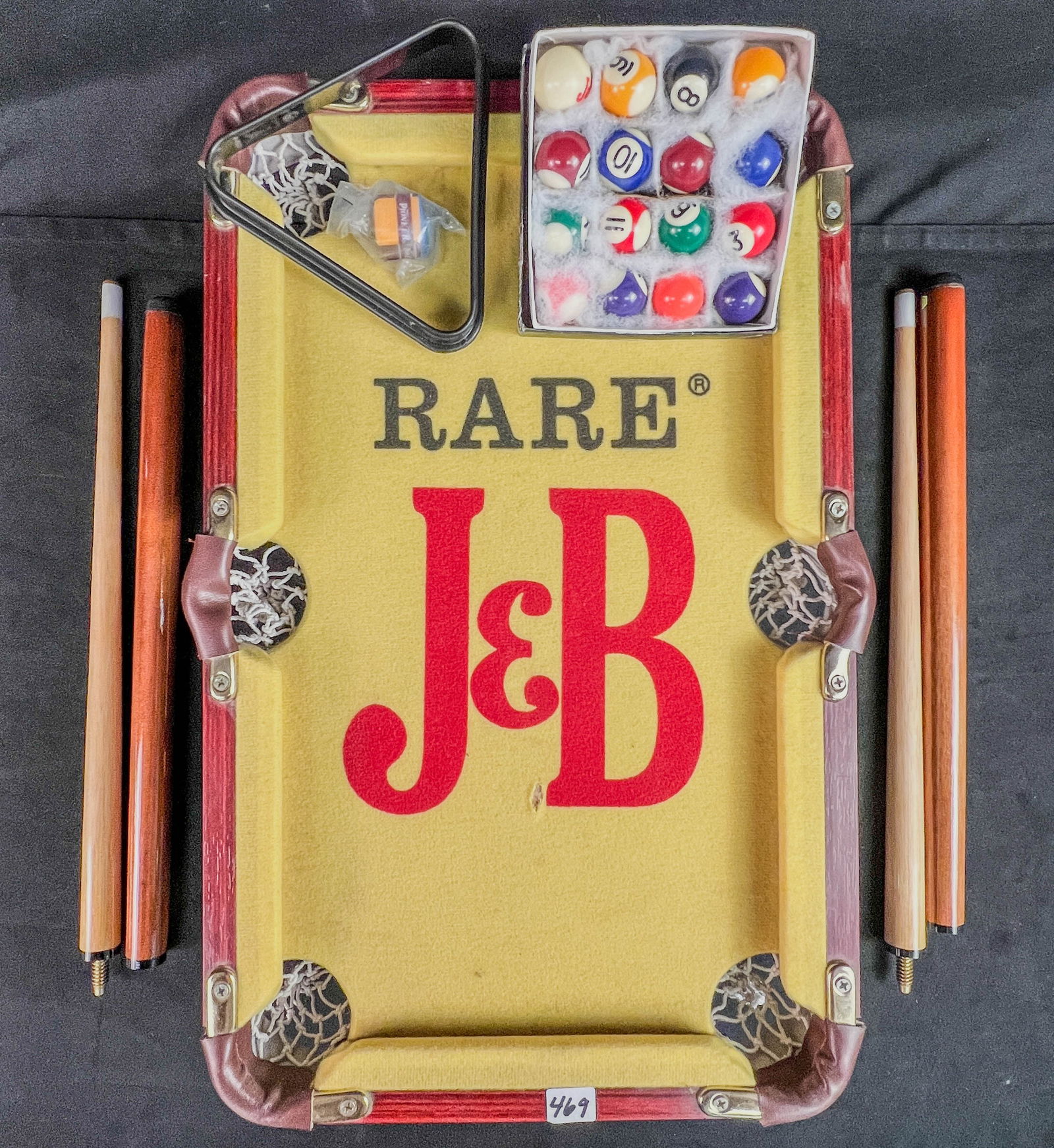 J&B Scotch Advvertising Table Top Pool Table c: A J&B Scotch advertising promotional table top pool table and accessories.